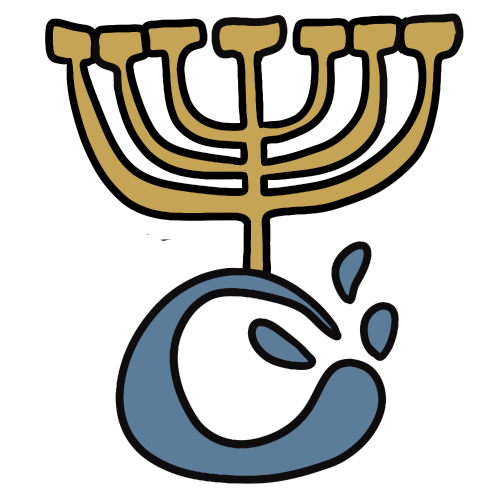  a gold temple menorah above a round blue splash